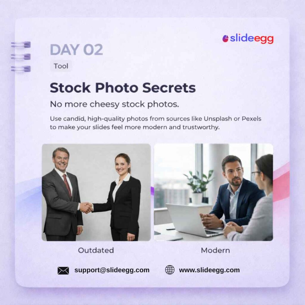 A design tip poster comparing awkward staged stock photos with natural meeting images for modern slides today.