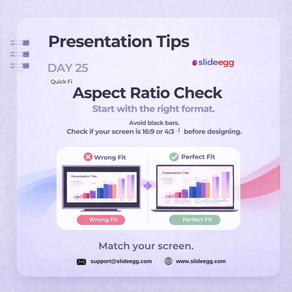 Presentation tip showing aspect ratio checks that avoid black bars and match slide size to the screen formats.