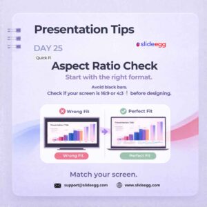 Presentation tip showing aspect ratio checks that avoid black bars and match slide size to the screen formats.