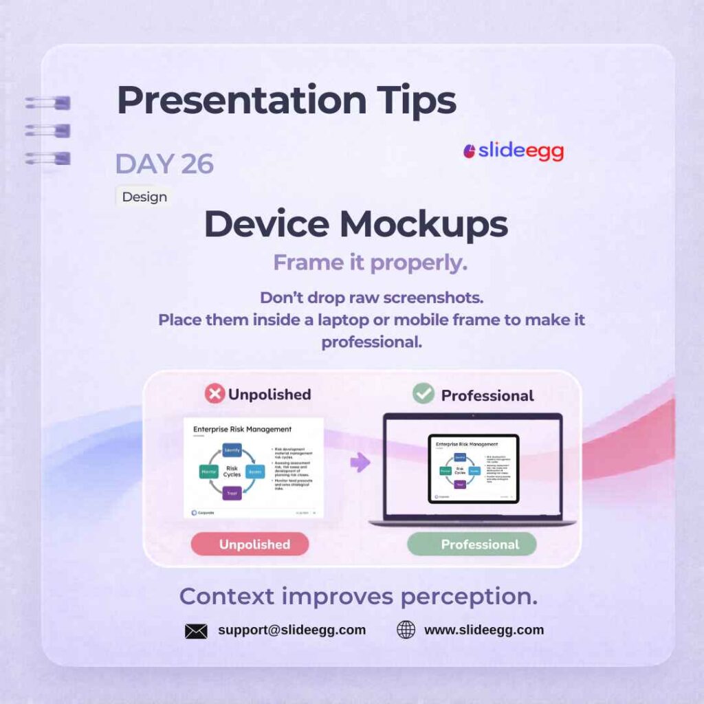Presentation tip showing raw screenshot inside laptop mockups so slide visuals look polished and professional.