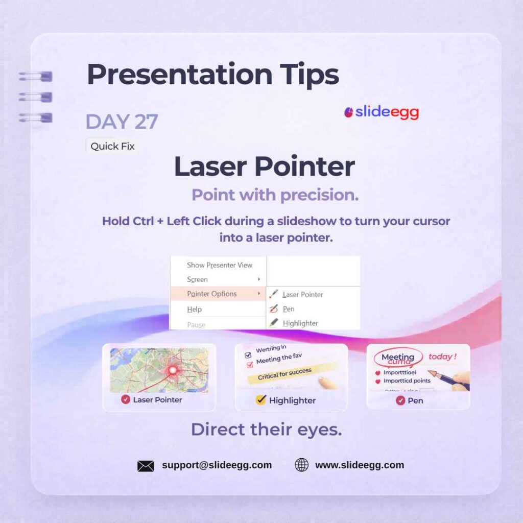 Presentation showing laser pointer, pen, and highlighter tools to guide attention during a slideshow delivery.