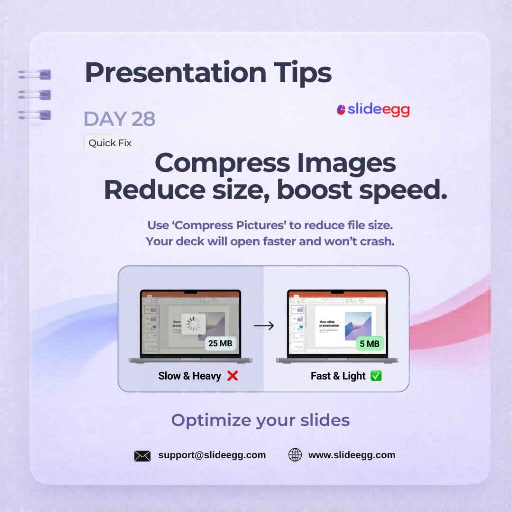 Presentation tip showing image compression reducing deck file size from 25 MB to 5 MB for faster deck loading.