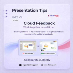 Presentation tip showing cloud feedback with teammate comments for faster real-time review and collaboration.