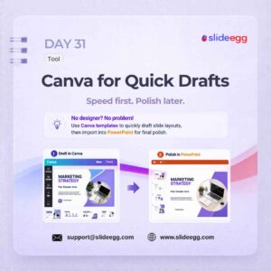 Presentation tip showing Canva templates used for fast slide drafts before polishing final deck in PowerPoint.