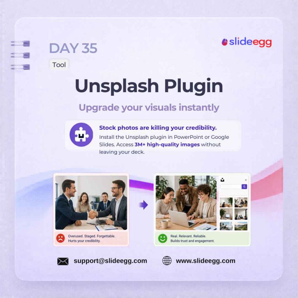 Presentation tip showing an image plugin replacing staged photos with natural visuals for more credible slides