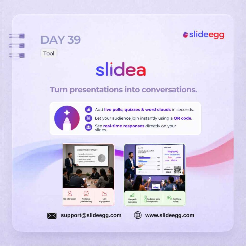 Interactive presentation tool poster with live polls, quizzes, word clouds, QR entry, and real-time responses.