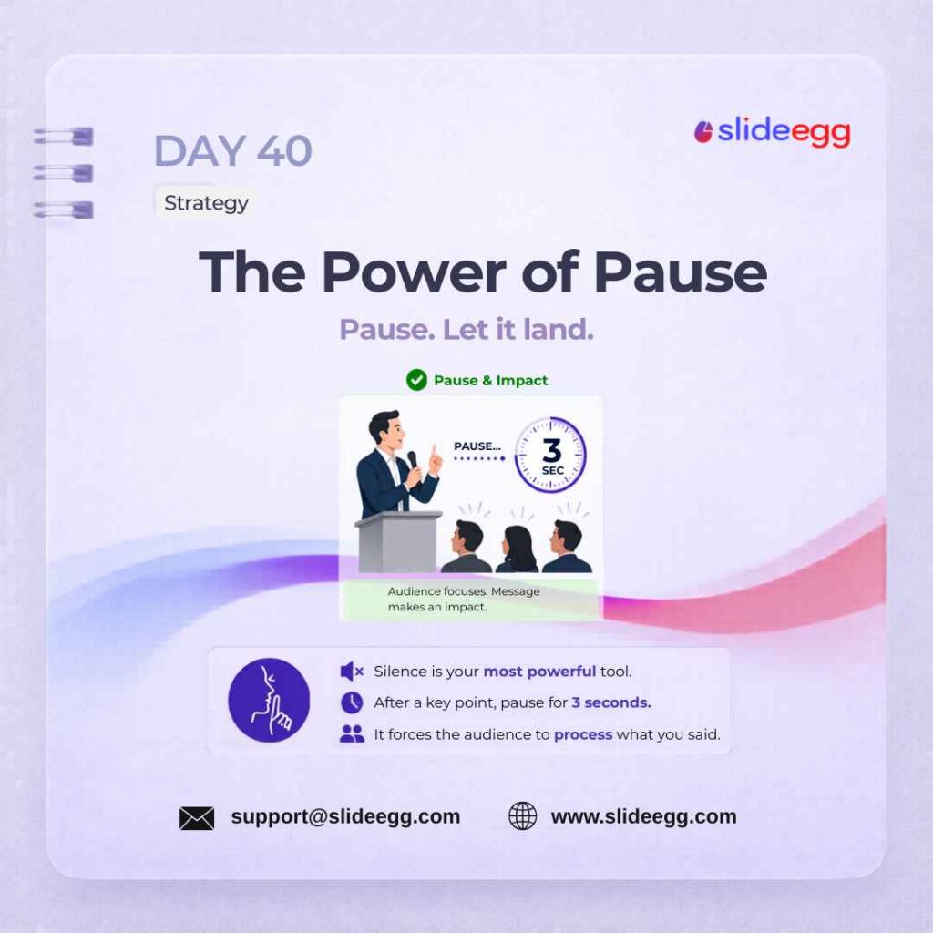 Presentation tip showing a speaker pause for three seconds to help the audience focus and process the message.