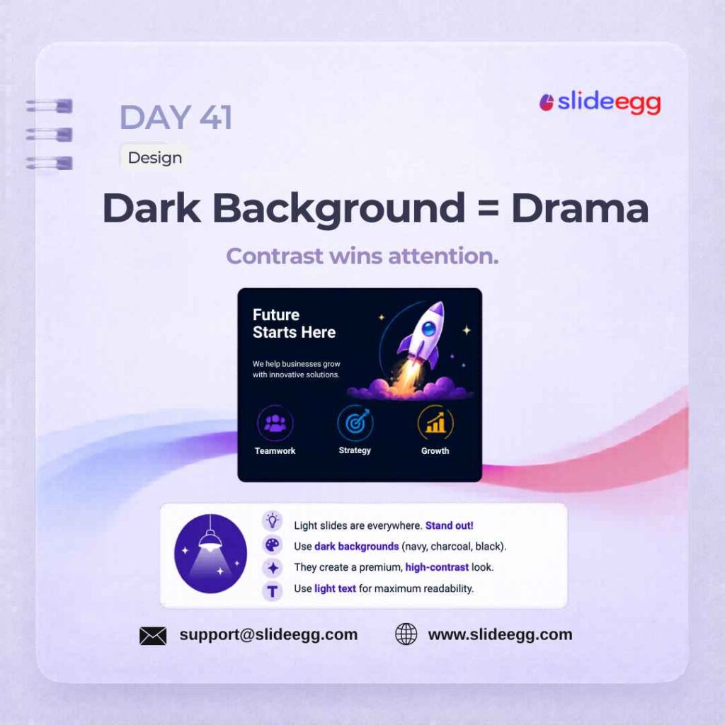 Presentation tip showing dark slide backgrounds with light text to create contrast, drama, and stronger focus.