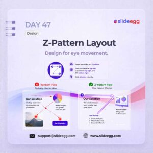Presentation tip showing Z-pattern layout guiding eyes from headline to key content, visuals, and CTA clearly.