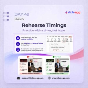 Presentation tip showing rehearsal timing tools to track slide duration and deliver a focused talk on time now
