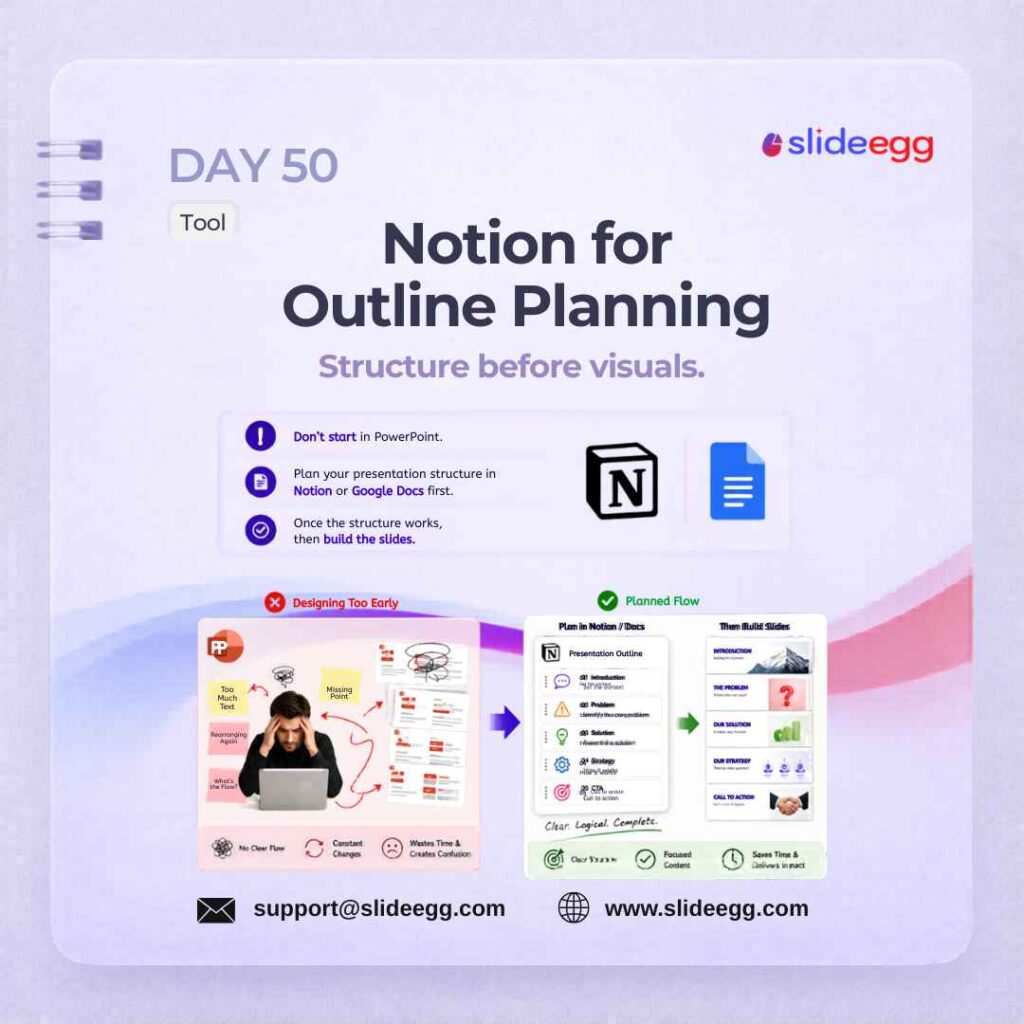 Presentation tip showing Notion outline planning to structure ideas before slide design for clearer deck flow.