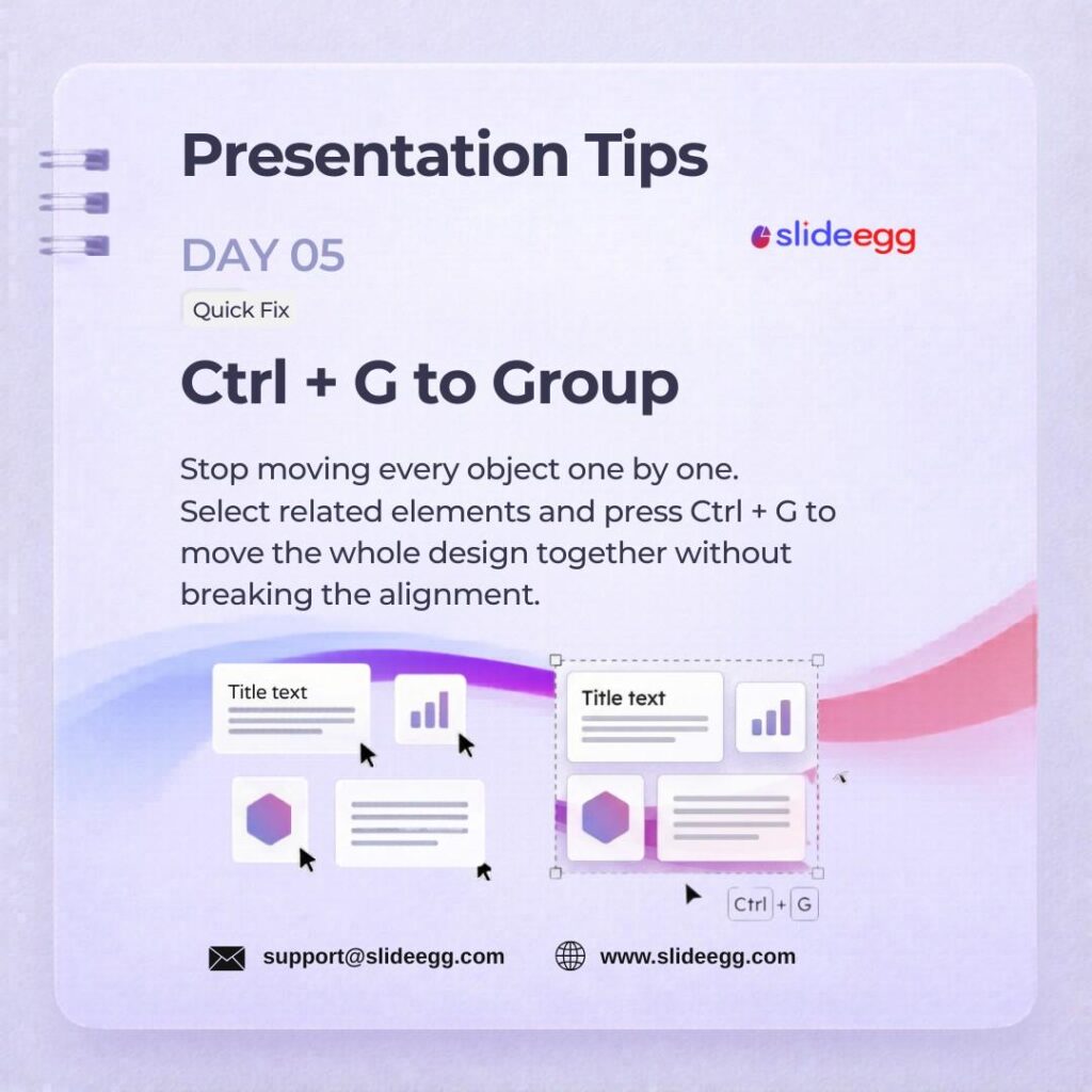 Presentation guide shows Ctrl + G to group objects, move related elements together, and keeps layouts aligned.