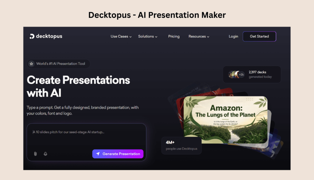 Decktopus AI homepage showing dark-themed interface for generating presentations from prompts.