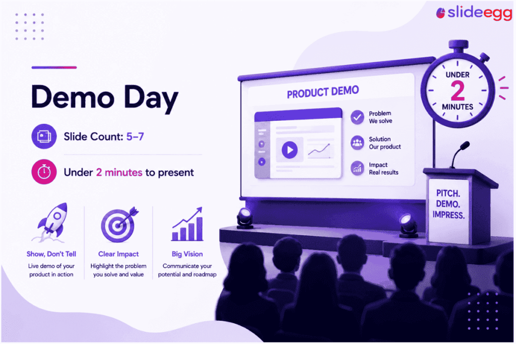 Demo Day pitch deck guide showing 5–7 slides for a fast product demo and investor impact