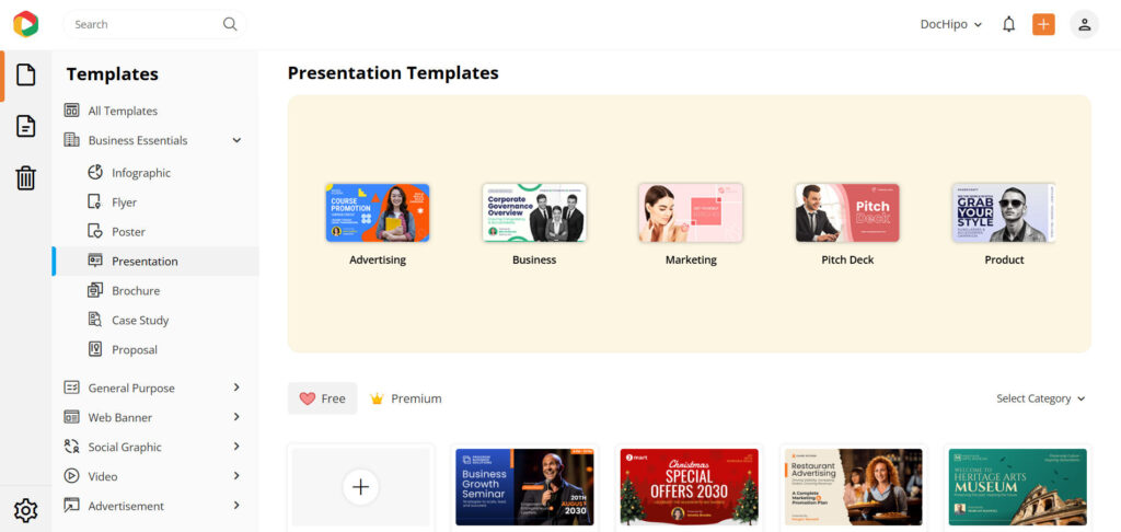 DocHipo presentation templates page featuring advertising, business, marketing, pitch deck, and product designs