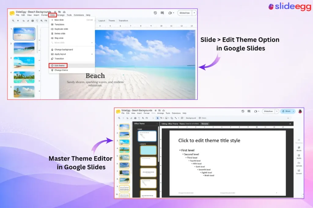 Master Theme editor in Google Slides demonstrating how to edit slide themes and layouts.