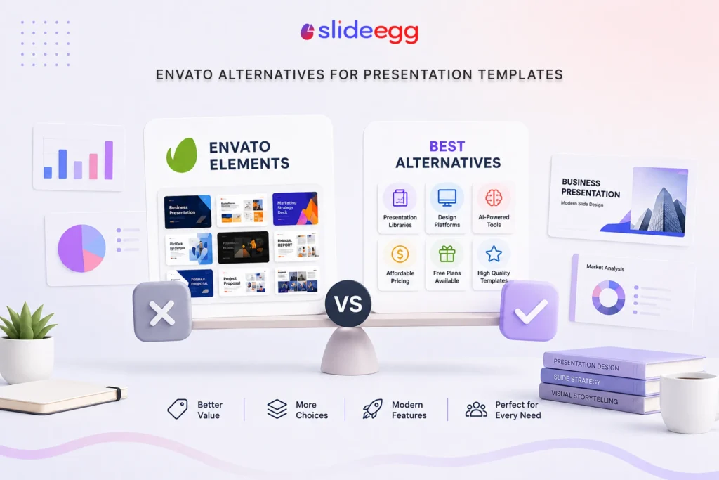 SlideEgg comparison showing Envato Elements alternatives for AI-powered and editable presentation slides.