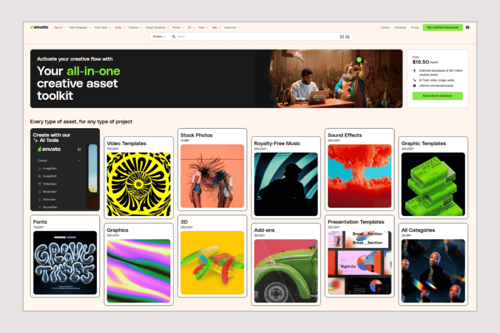 Envato Elements dashboard showing creative assets: templates, graphics, video, stock photos, 3D