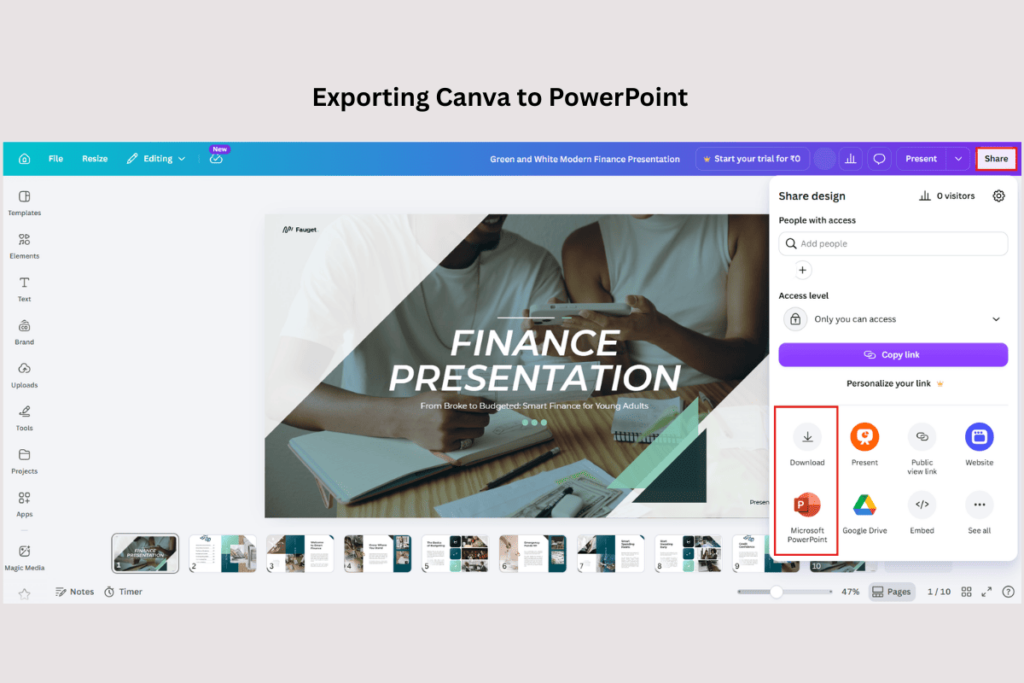 Canva share menu showing the Microsoft PowerPoint download option for exporting a presentation.
