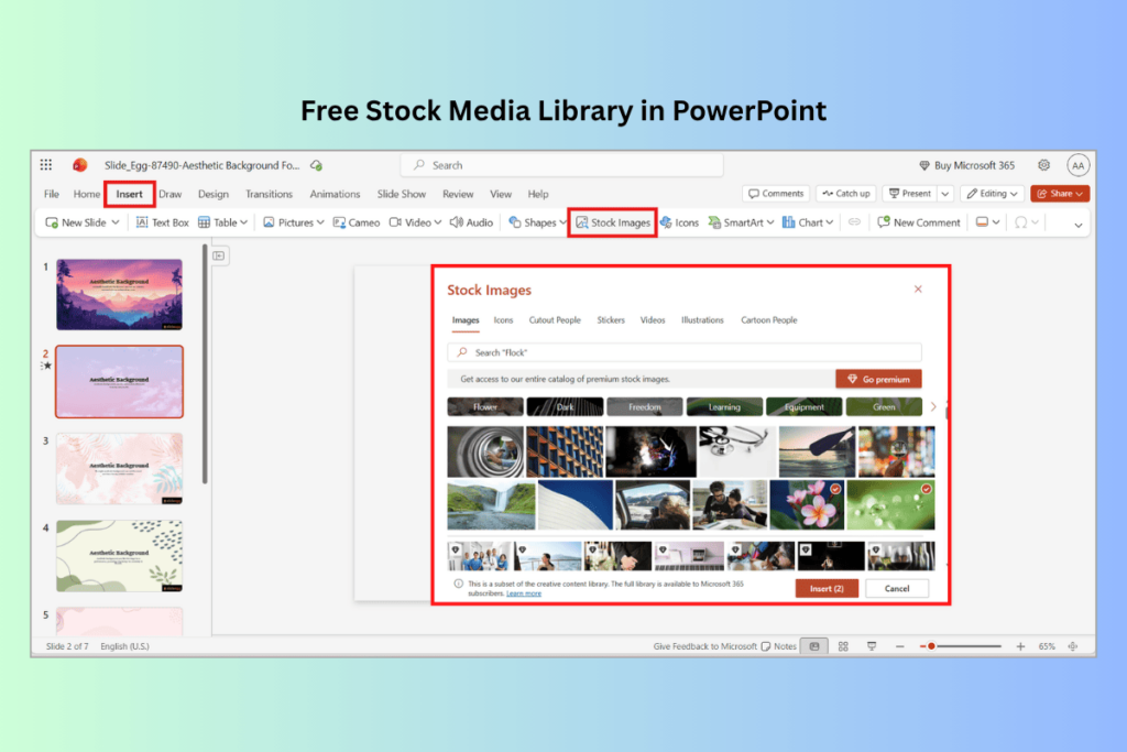 Free Stock Media Library – PowerPoint Insert tab showing stock images library interface for slide content.
