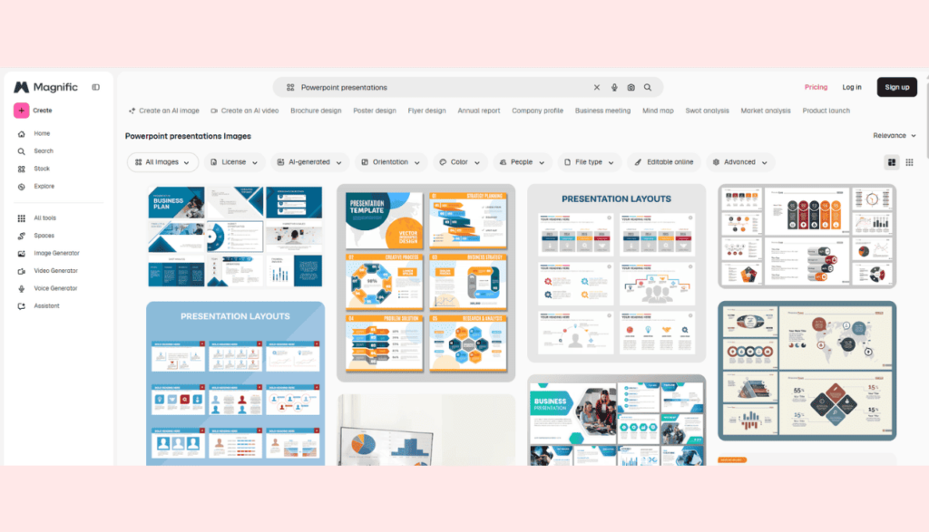 Freepik/Magnific interface with AI-generated presentation templates.