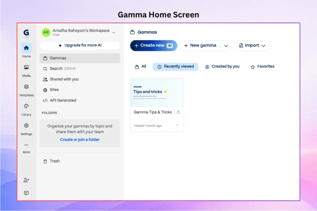 Gamma home screen showing AI presentation creation, templates, recent projects, and workspace tools
