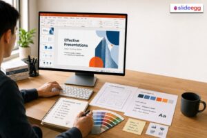 Person designing a PowerPoint presentation with wireframes, color palette, notes, and SlideEgg branding.