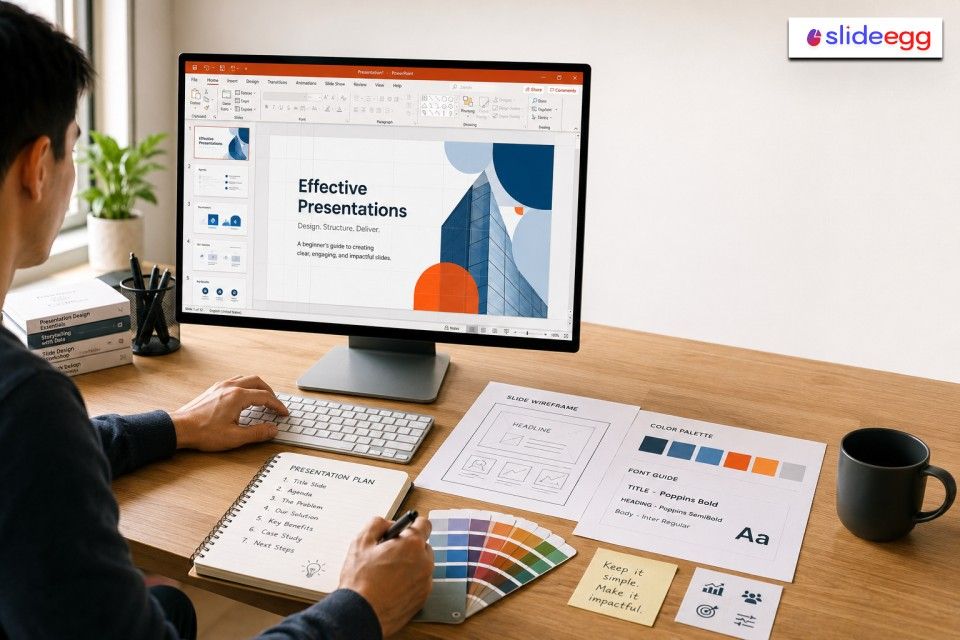 Person designing a PowerPoint presentation with wireframes, color palette, notes, and SlideEgg branding.