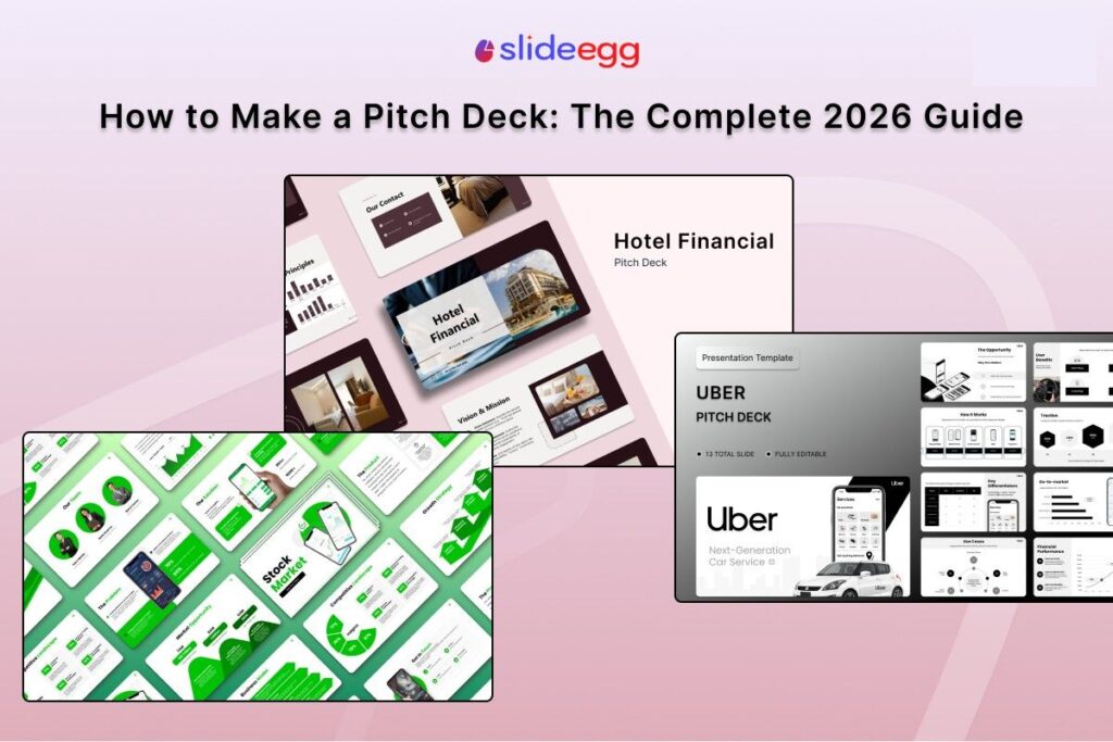 Laptop and screenshots showing hotel financial, stock market, and Uber pitch deck templates in a 2026 guide from SlideEgg