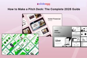 Laptop and screenshots showing hotel financial, stock market, and Uber pitch deck templates in a 2026 guide from SlideEgg