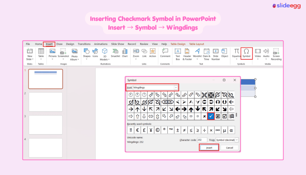 PowerPoint Symbol window showing a Wingdings checkmark selected for insertion into a slide.