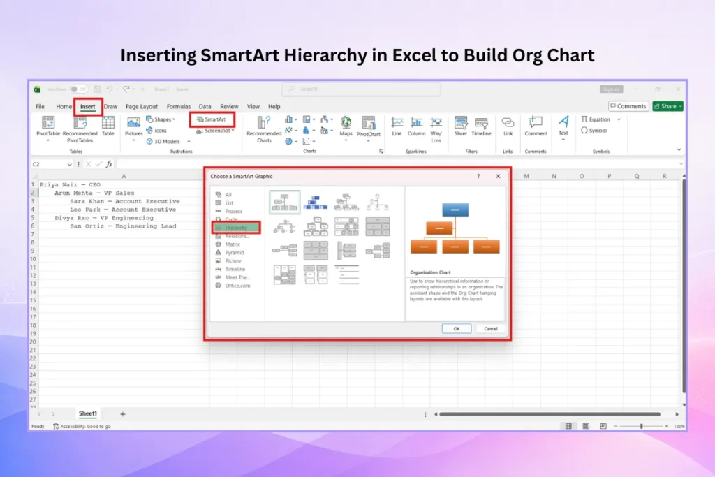 Inserting SmartArt hierarchy in Excel to build an organizational chart from employee data