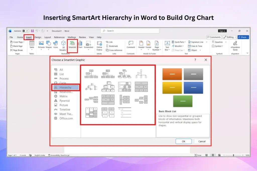 Inserting a SmartArt hierarchy in Word to create an organizational chart