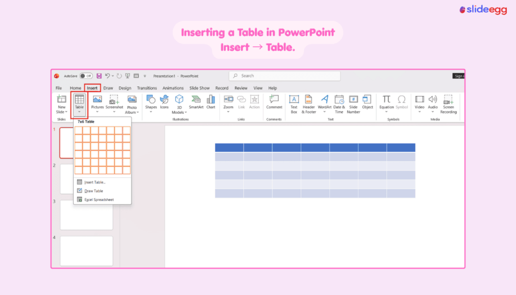 PowerPoint Insert tab showing the Table menu and a formatted comparison table on a slide.