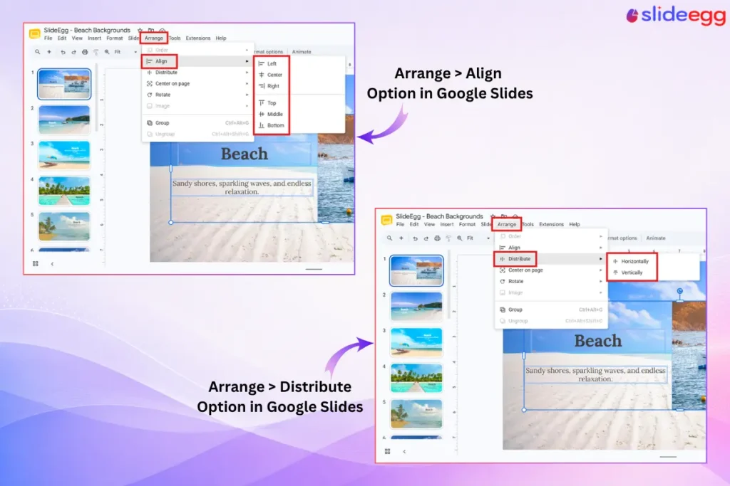 Google Slides interface demonstrating arrange, align, and distribute options to organize objects.