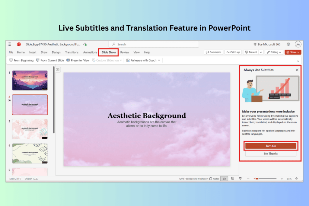 Live Subtitles & Translation – PowerPoint showing Slide Show tab with live subtitles and translation feature.