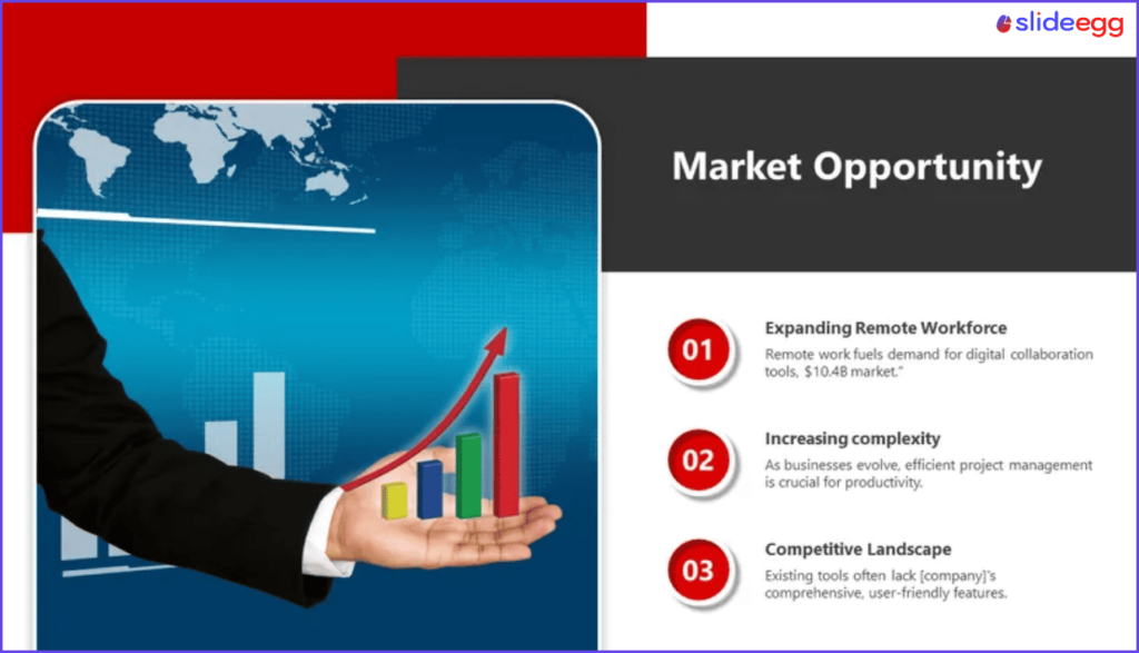 Market opportunity presentation template from SlideEgg with growth chart and three market drivers