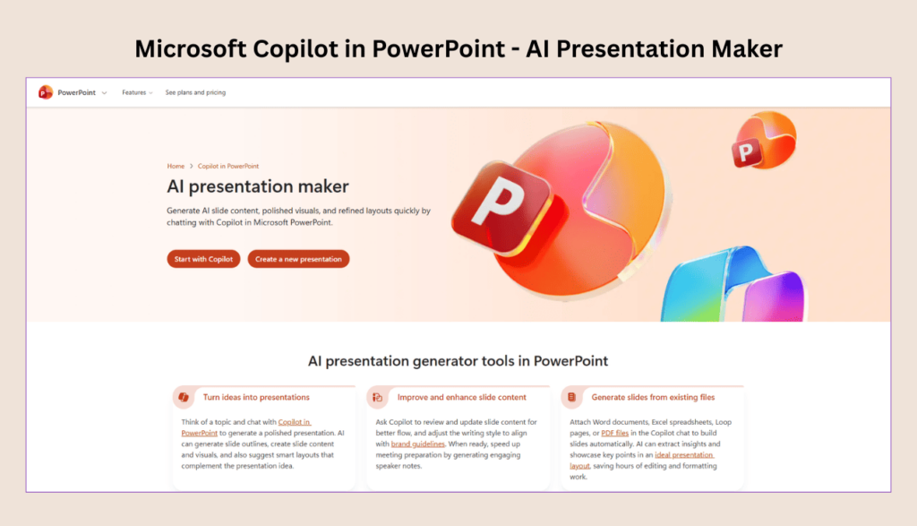 Copilot homepage highlighting AI slide generation integrated in PowerPoint.