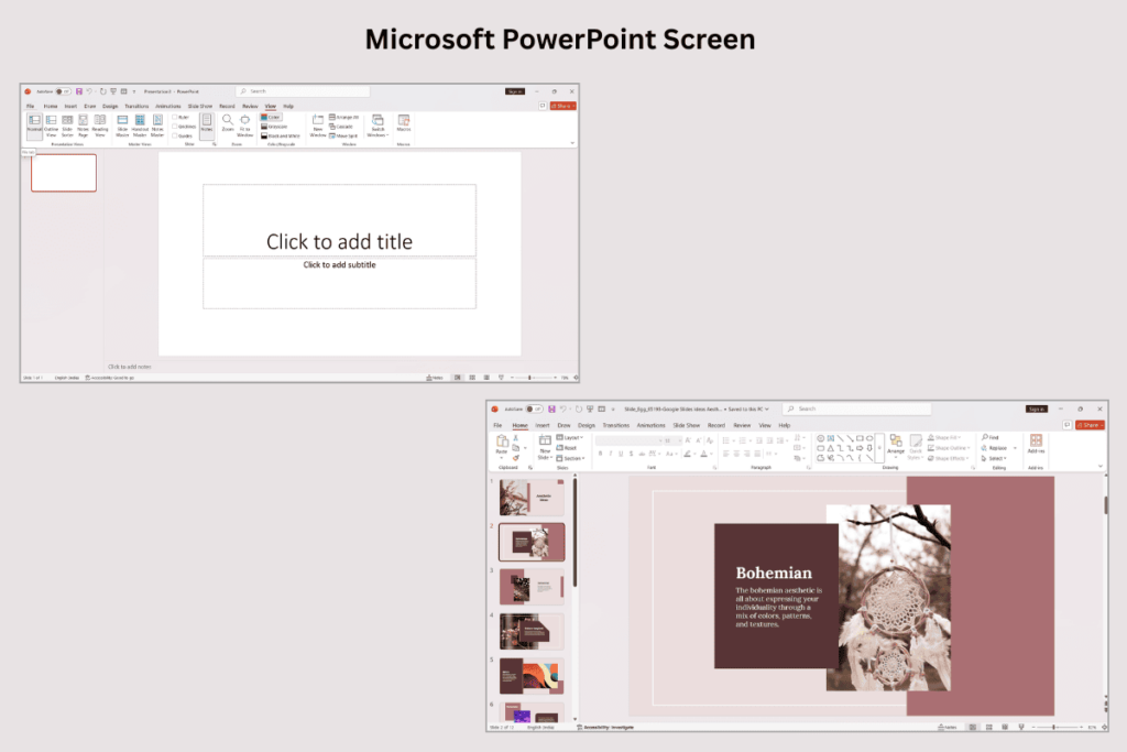 Microsoft PowerPoint screens showing a blank editor and an opened deck with slide thumbnails.