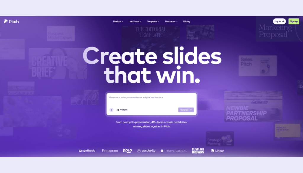 Pitch platform homepage showing AI-driven presentation editor with team collaboration features.
