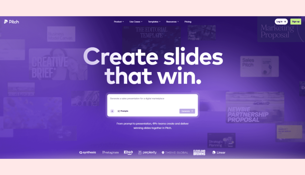 Pitch interface with AI-powered presentation templates and preview panels.