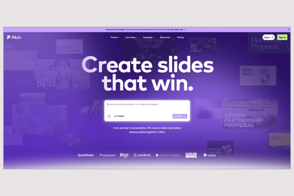 Pitch homepage with an AI prompt box for generating branded presentation slides and winning decks.
