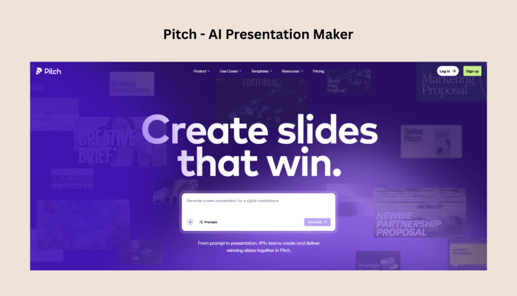 Pitch AI homepage showcasing collaborative presentation interface with team-focused design elements.