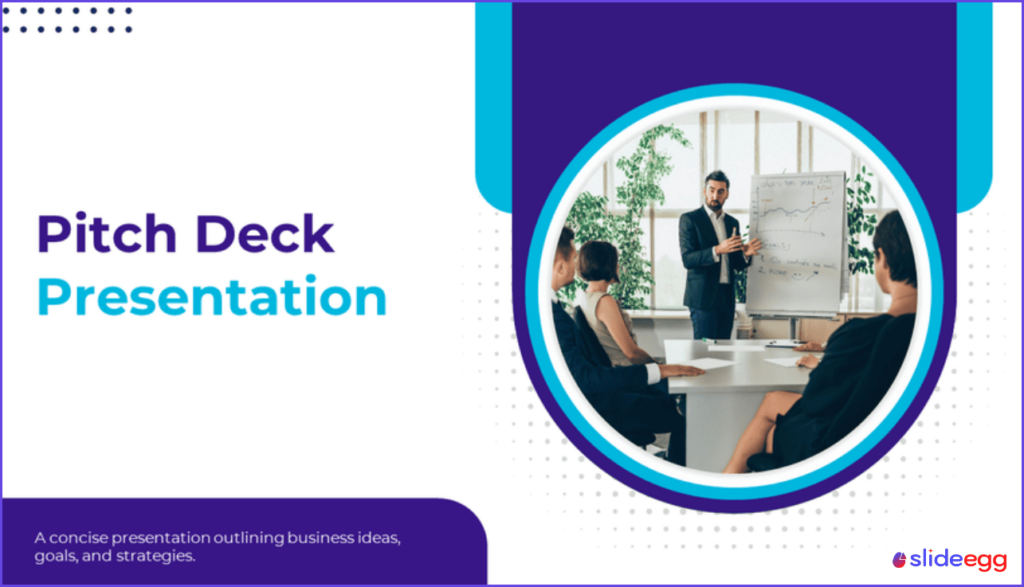 Pitch deck cover presentation template from SlideEgg with business presenter and strategy meeting