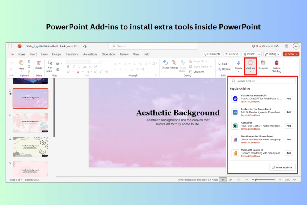 PowerPoint Add-ins – PowerPoint interface showing Add-ins panel with extra tools for slides.