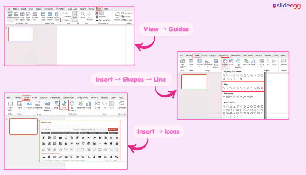 PowerPoint screenshots showing how to add guides, lines, and icons for cleaner slide design.