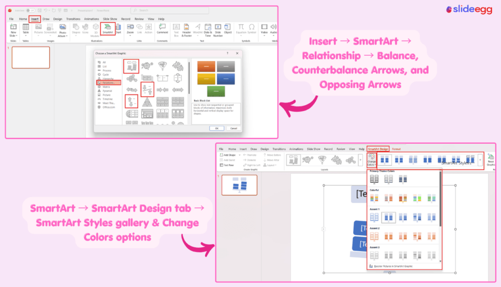 PowerPoint SmartArt tools showing relationship graphics, styles, and color customization options.