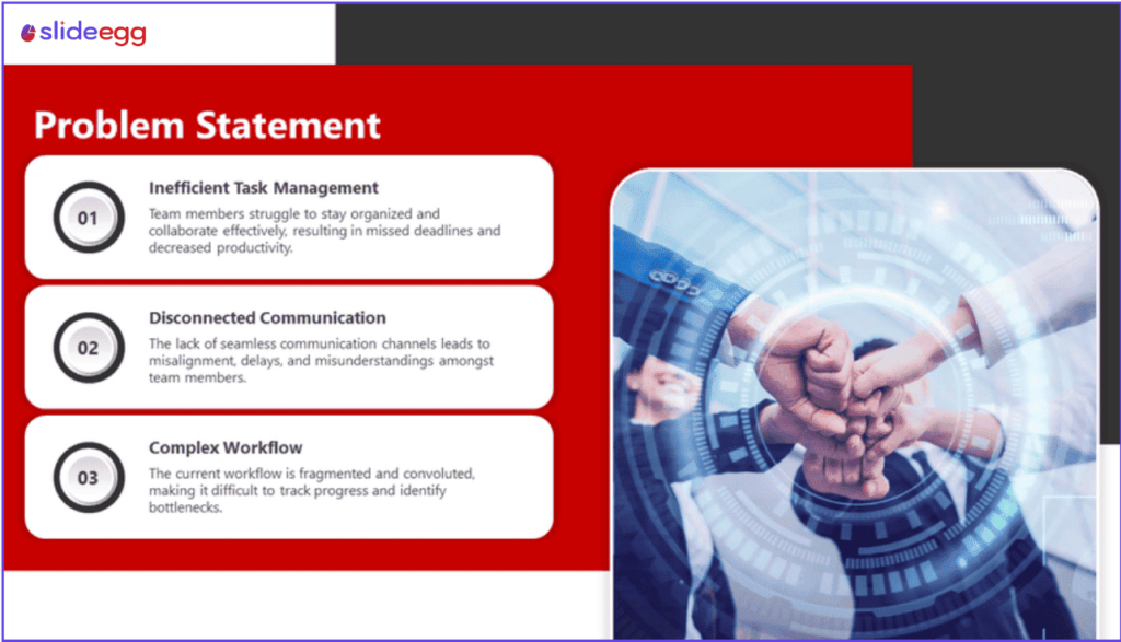 Problem statement presentation template from SlideEgg showing workflow and communication challenges