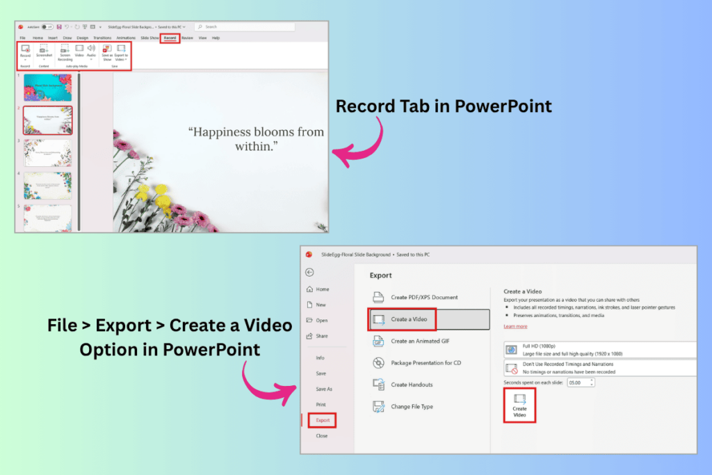 Recording Narration Feature – PowerPoint Record tab showing screen, audio, and video recording options.