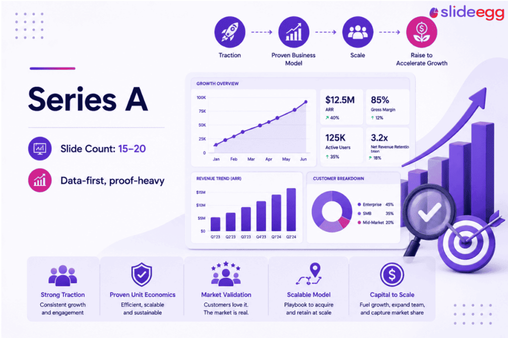 Series A pitch deck guide showing 15–20 data-driven slides with traction and growth metrics